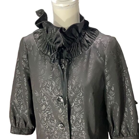 Ports International Damask High Ruffle Neck Button Front Light Jacket Black Sz 6 - Picture 2 of 6